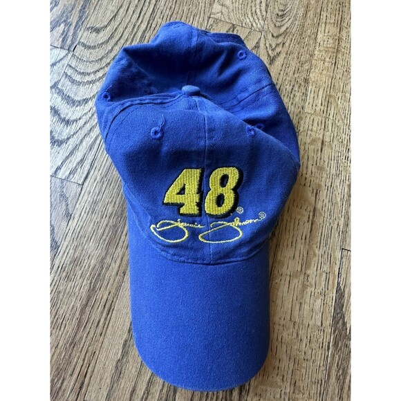Jimmie Johnson #48 Blue Faux Auto Strapback Hat/Cap Yellow Signature‎ NASCAR GUC - Picture 1 of 5